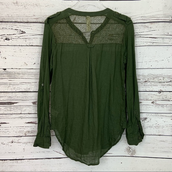 Free People Blouse Lace Insert Linen Blend Shirt - Picture 4 of 5